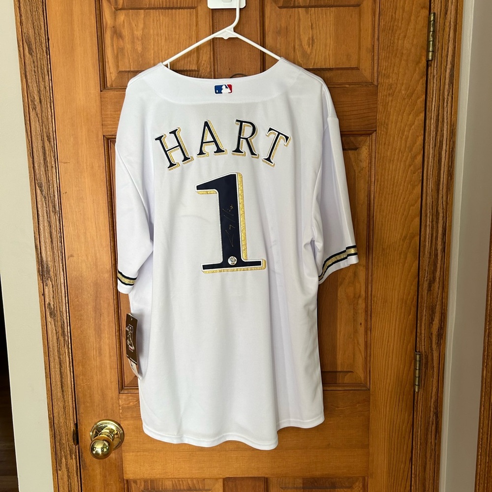 White Baseball Jersey with Hart 1, original, authentic Cory Hart signed!!